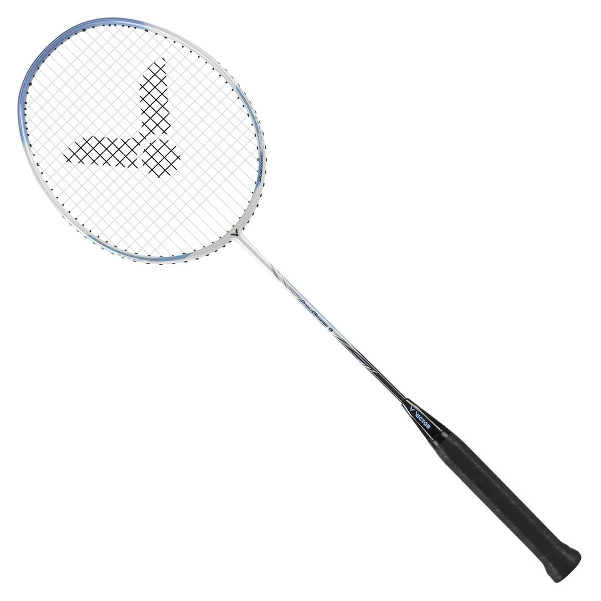 Introducing the Victor Auraspeed 9A Badminton Racket, an ideal choice for beginner to intermediate players. This racket features a sophisticated silver frame accented with elegant black and blue details. Its slender metal shaft ensures agility, while the black grip provides superior control. The string pattern is distinctly visible, showcasing the Victor brand logo for added style and performance.