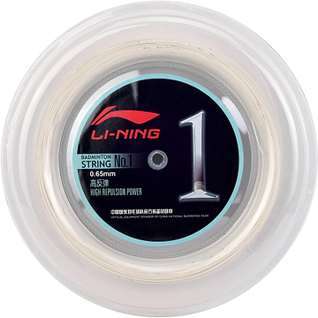 The Li-Ning No1 0.65mm badminton string, with a 200m length in white, offers high-repulsion power. It features the Li-Ning brand logo and Chinese text, then packaged in transparent plastic.