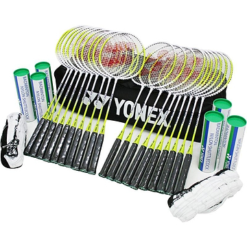 The Yonex GR202 - 20 Badminton Racket Set features white rackets with black grips, multiple tubes of nylon shuttles, and two sets of wristbands in white and black, all beautifully organized around a Yonex bag.