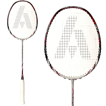 Close-up of an Ashaway Superlight 7 Hex Badminton Racket showcasing its Hex Frame technology and a sleek silver and red color scheme. The strings form a pattern resembling the letter "A," while the white grip handle, along with the frame highlighted by red accents, reveals its lightweight design from two angles.