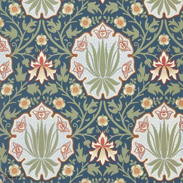 Iris & Rose wallpaper-Morris & Co-Indigo/Thyme-Roll-Selected Wallpapers-Interiors
