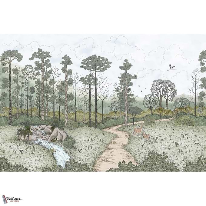 La biche aux bois wallpaper-Les Dominotiers-Green-Non Woven (70 cm)-M2-Selected Wallpapers-Interiors