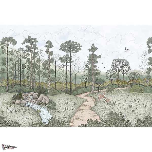 La biche aux bois wallpaper-Les Dominotiers-Green-Non Woven (70 cm)-M2-Selected Wallpapers-Interiors