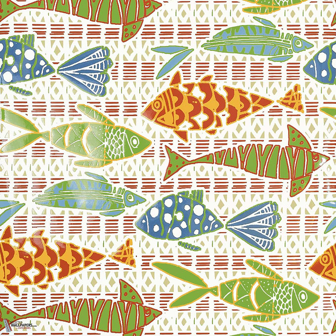 Batik fish Tapete-Thibaut-Coral and blue-Rolle-Selected Wallpapers-Interiors