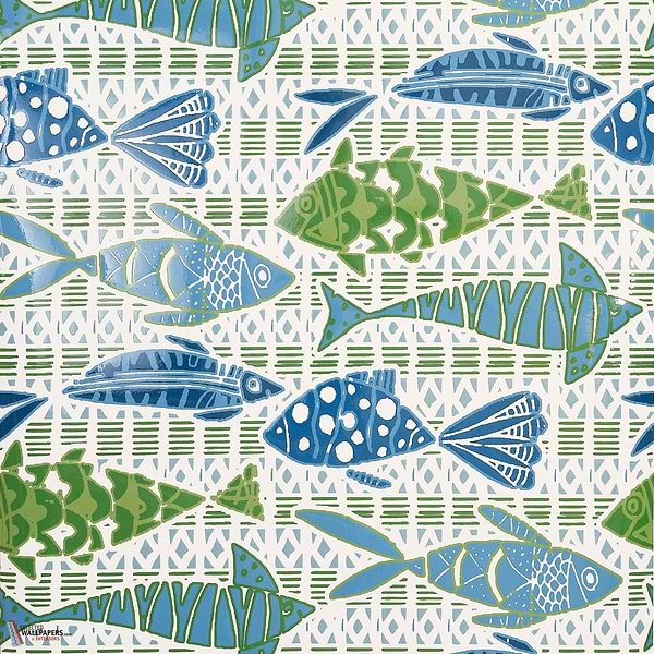 Batik fish Tapete-Thibaut-Blue and green-Rolle-Selected Wallpapers-Interiors