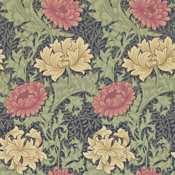 Chrysanthemum behang in Indigo van Morris & Co