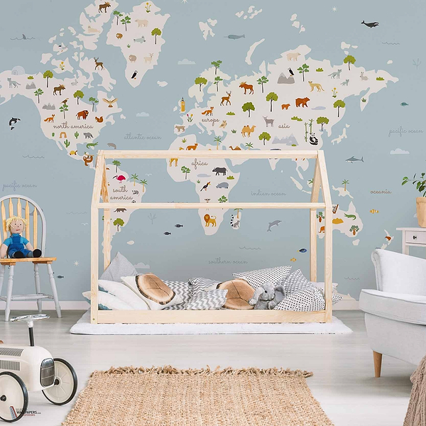 Animal Map wallpaper in Aqua by Coordonne — interior