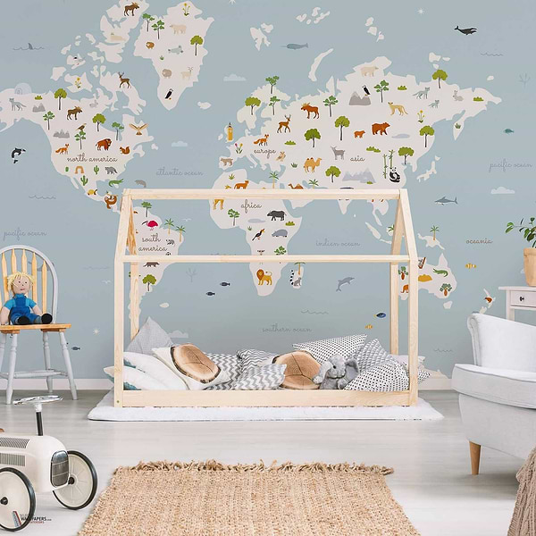 Animal Map wallpaper in Aqua by Coordonne — interior