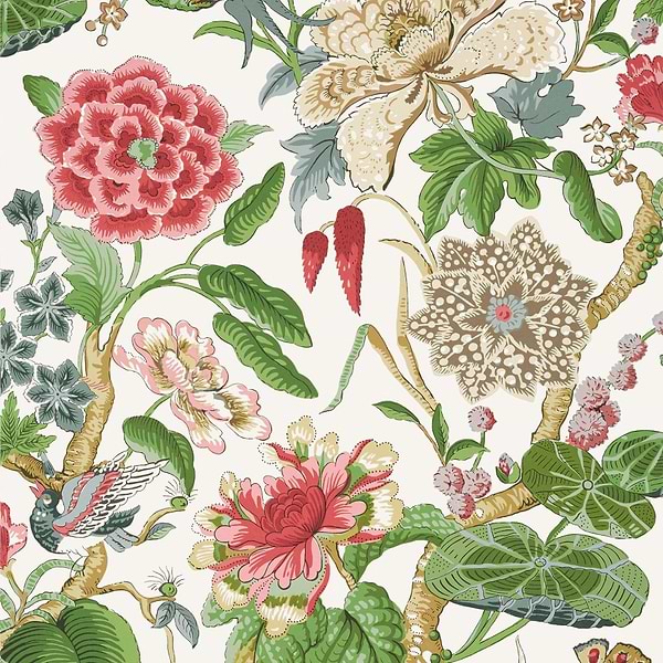 Hill Garden-Wallpaper-Thibaut-Coral and Green-Roll-T13658-Selected Wallpapers
