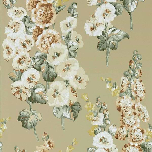 Hollyhocks-wallpaper-Sanderson-Gold Metallic/Tan-Roll-217034-Selected Wallpapers
