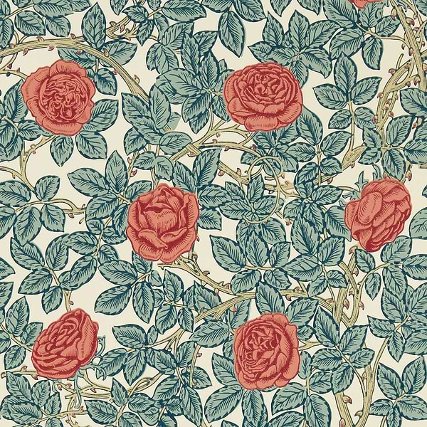 Rambling Rose-wallpaper-Morris & Co-Emery Blue/Madder-Roll-217206-Selected Wallpapers