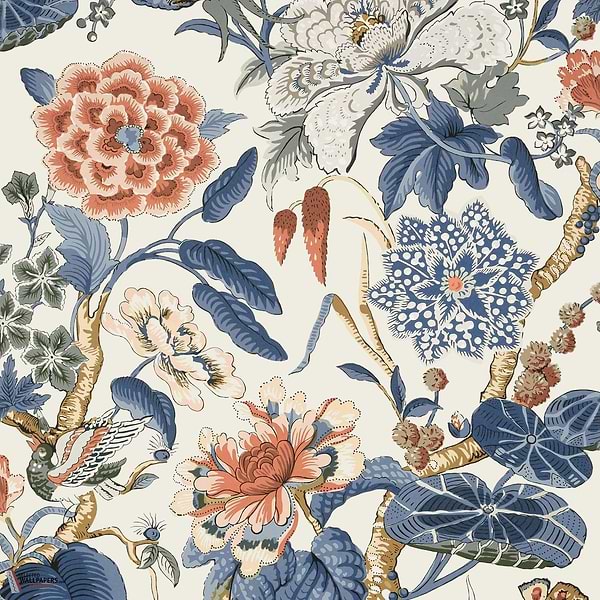 Hill Garden-Wallpaper-Thibaut-Brick and Navy-Roll-T13655-Selected Wallpapers