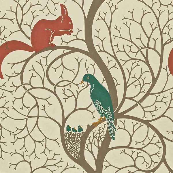 Squirrel & Dove-wallpaper-Sanderson-Teal/Red-Roll-DVIWSQ102-Selected Wallpapers
