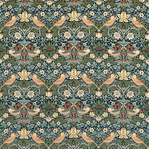 Strawberry Thief Velvet Stoff-Morris & Co-Indigo/Thyme-Meter (M1)-236932-Selected Wallpapers