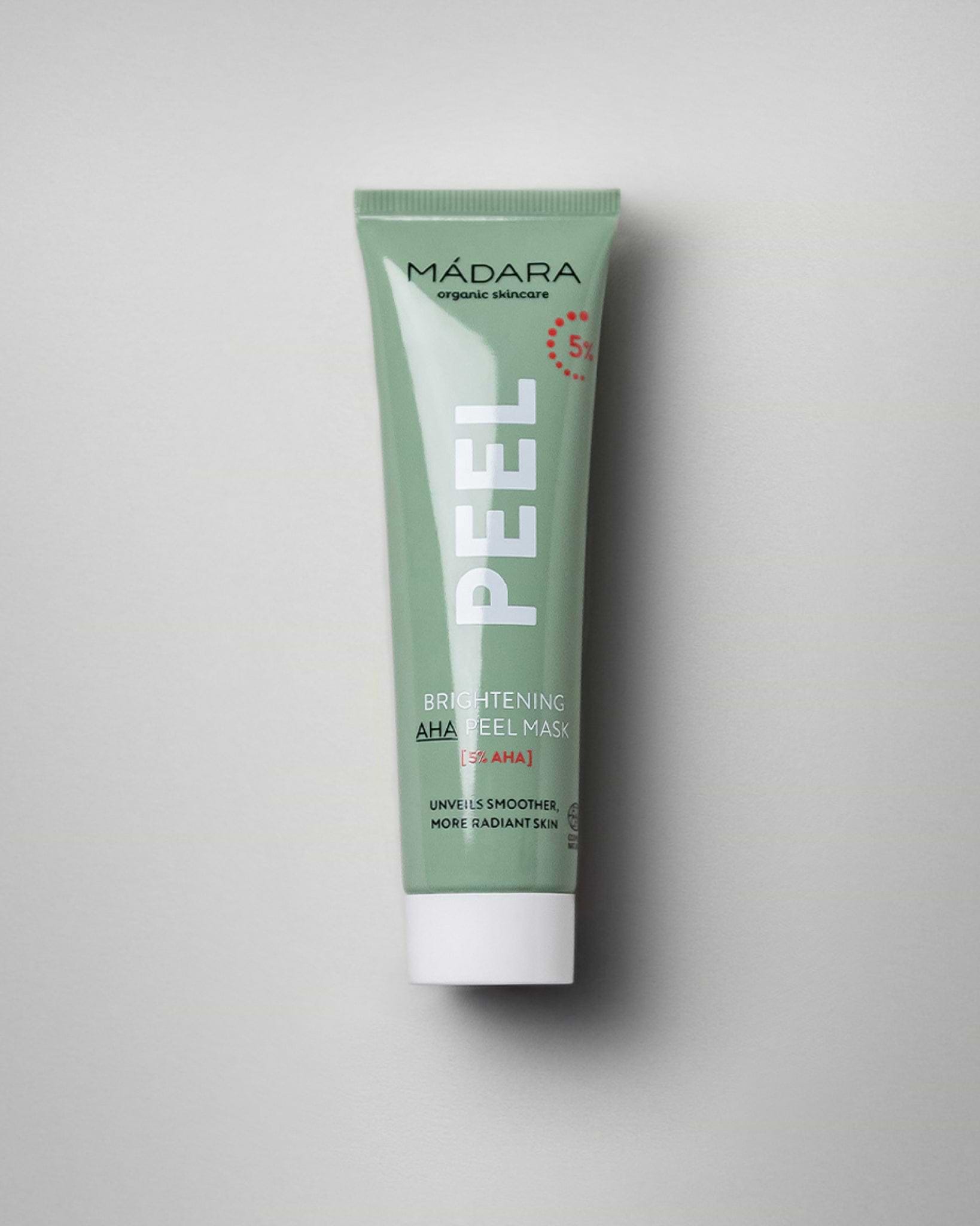 MÁDARA Organic Skincare brightening 5 aha peel mask A2101 face mask product photo on plain background.