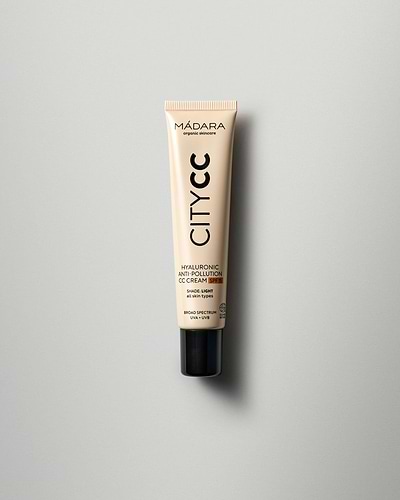 MÁDARA Organic Skincare hyaluronic anti pollution cc cream spf15 A3411 face cream product photo on plain background.