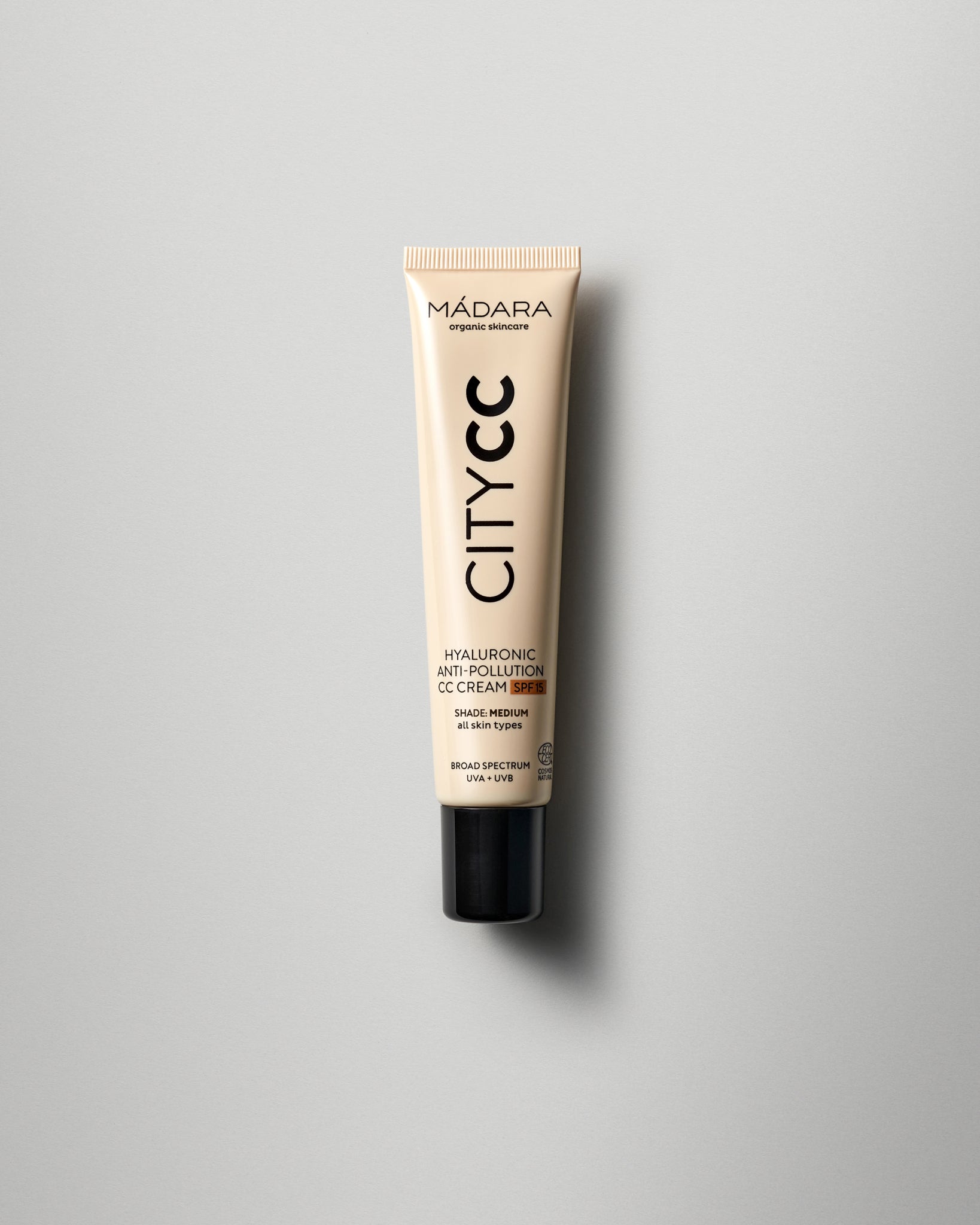 MÁDARA Organic Skincare hyaluronic anti pollution cc cream spf15 medium A3412 face cream product photo on plain background.