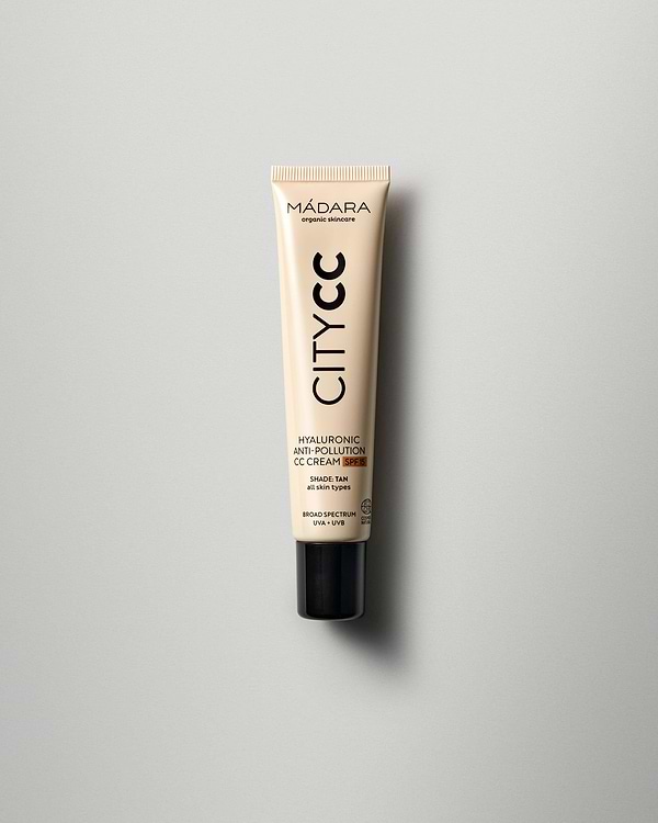 MÁDARA Organic Skincare hyaluronic anti pollution cc cream spf15 tan A3413 face cream product photo on plain background.