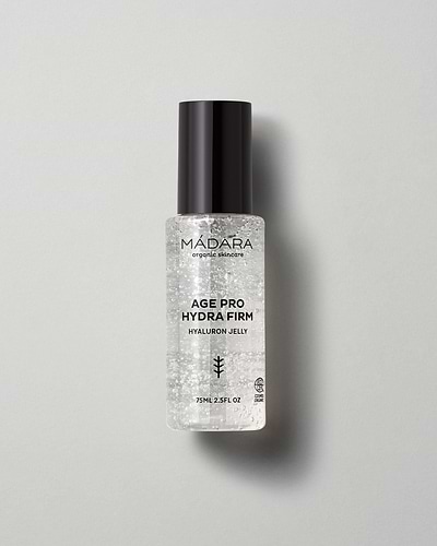 MÁDARA Organic Skincare hydra firm hyaluron jelly A3342 gel moisturizer product photo on plain background.