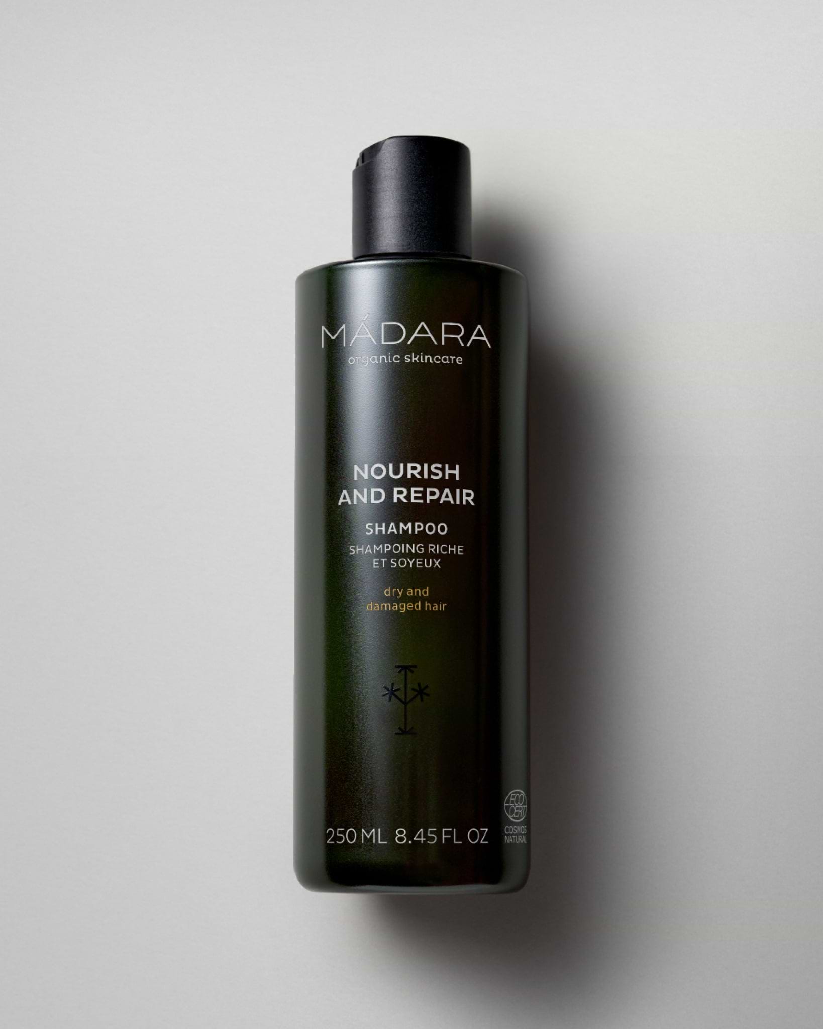 MÁDARA Organic Skincare nourish and repair shampoo A4001 shampoo product photo on plain background.