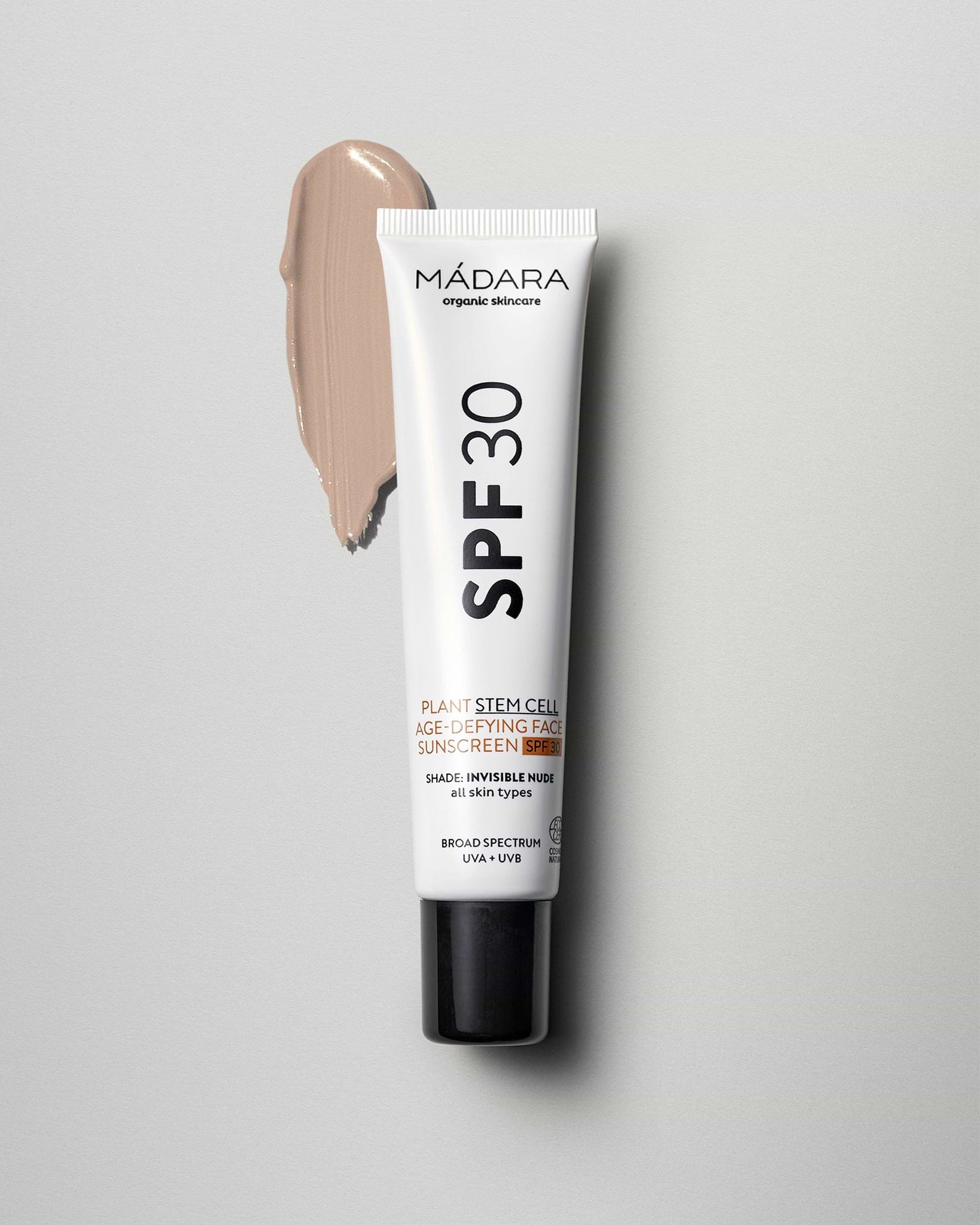 MÁDARA Organic Skincare plant stem cell age defying sunscreen spf30 A3415 mineral sunscreen product photo on plain background.