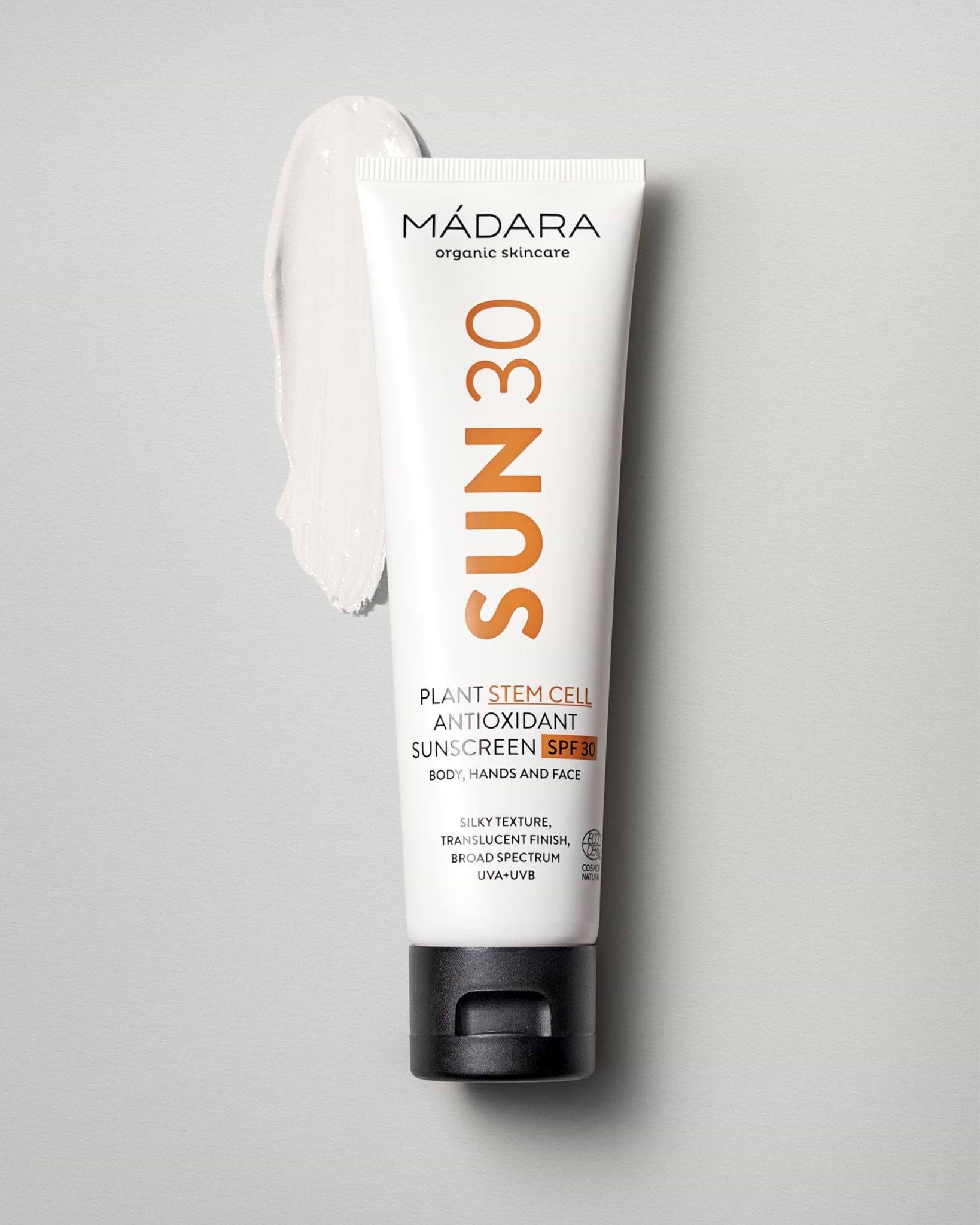MÁDARA Organic Skincare plant stem cell antioxidant body sunscreen spf30 A3401 mineral sunscreen product photo on plain background.