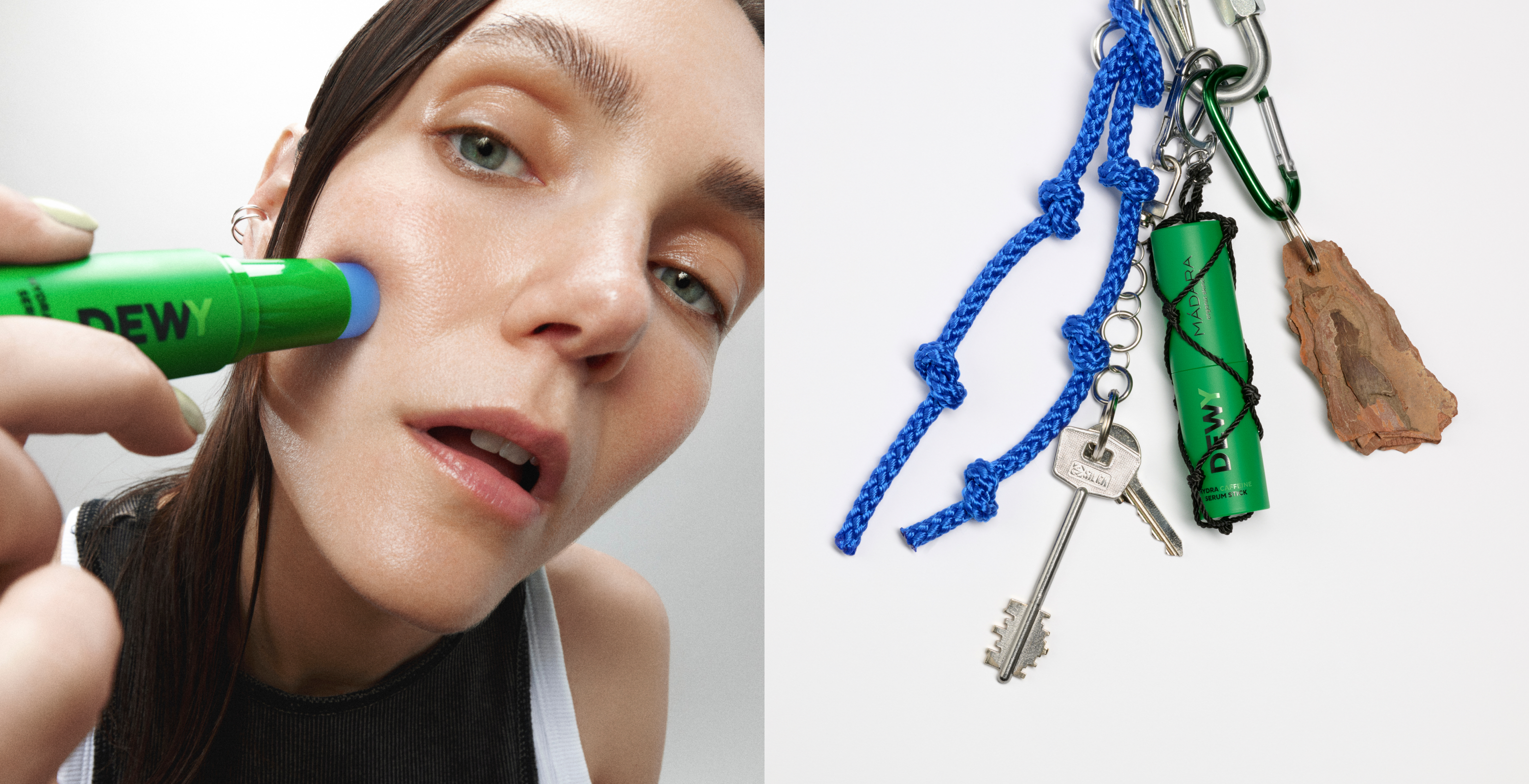 Model applying MÁDARA DEWY Hydra Caffeine Serum Stick to the cheek beside everyday carry accessories including keys and a clipped serum stick on a clean background