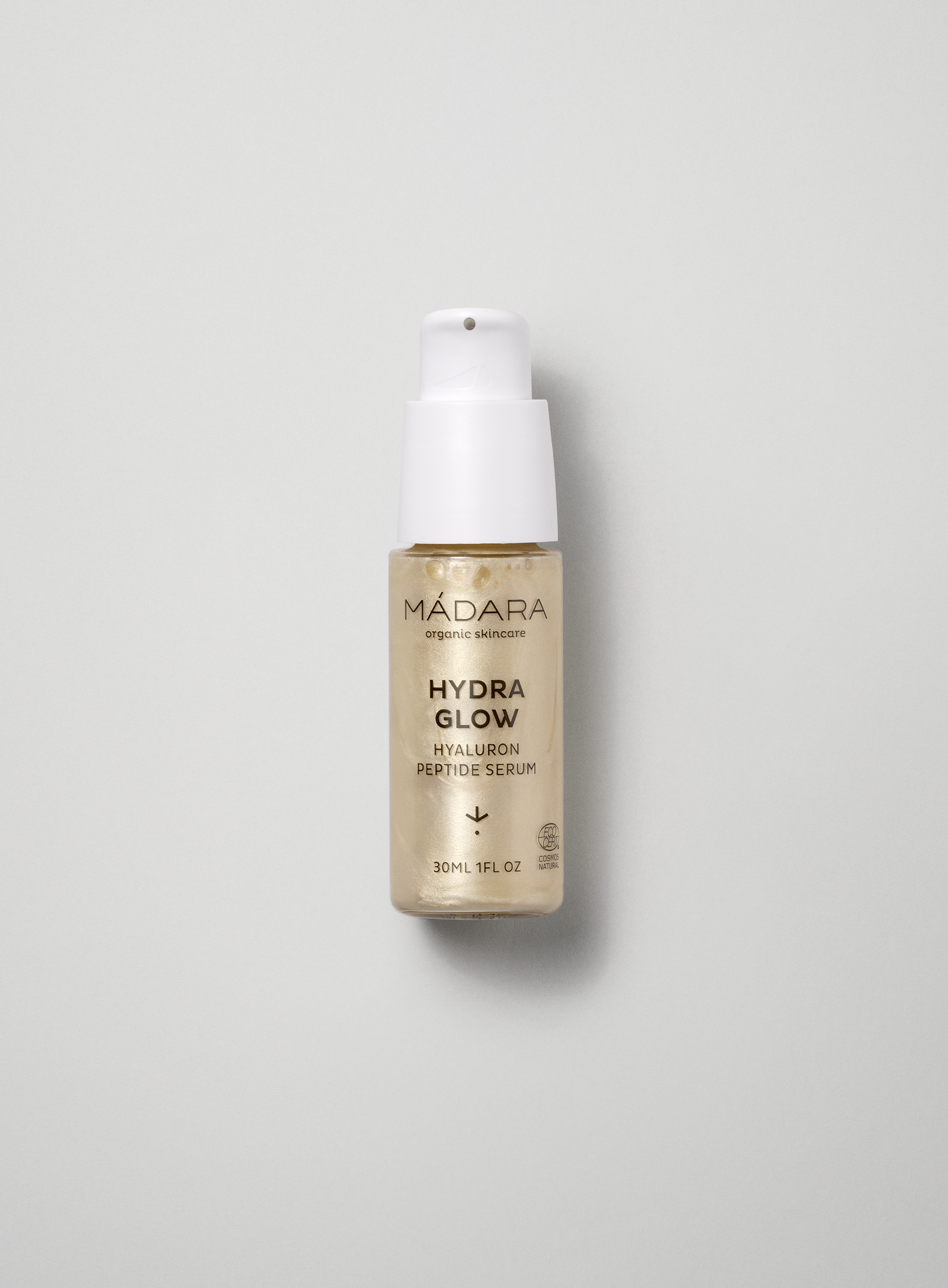 MÁDARA Hydra Glow Hyaluron Peptide Serum in 30ml pump bottle for radiant, hydrating, and firming organic skincare