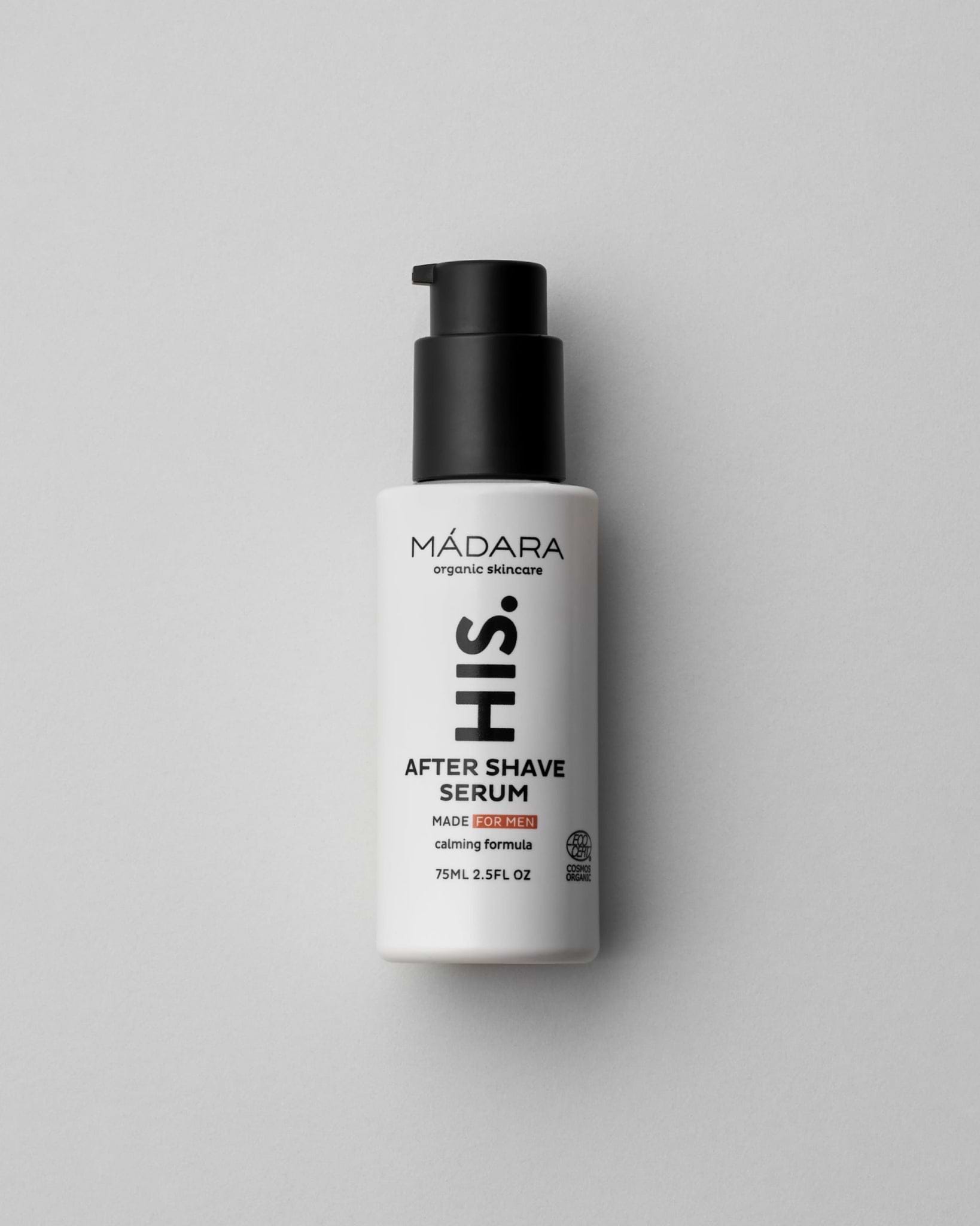 MÁDARA Organic Skincare after shave serum for men madara A5002 serum product photo on plain background.