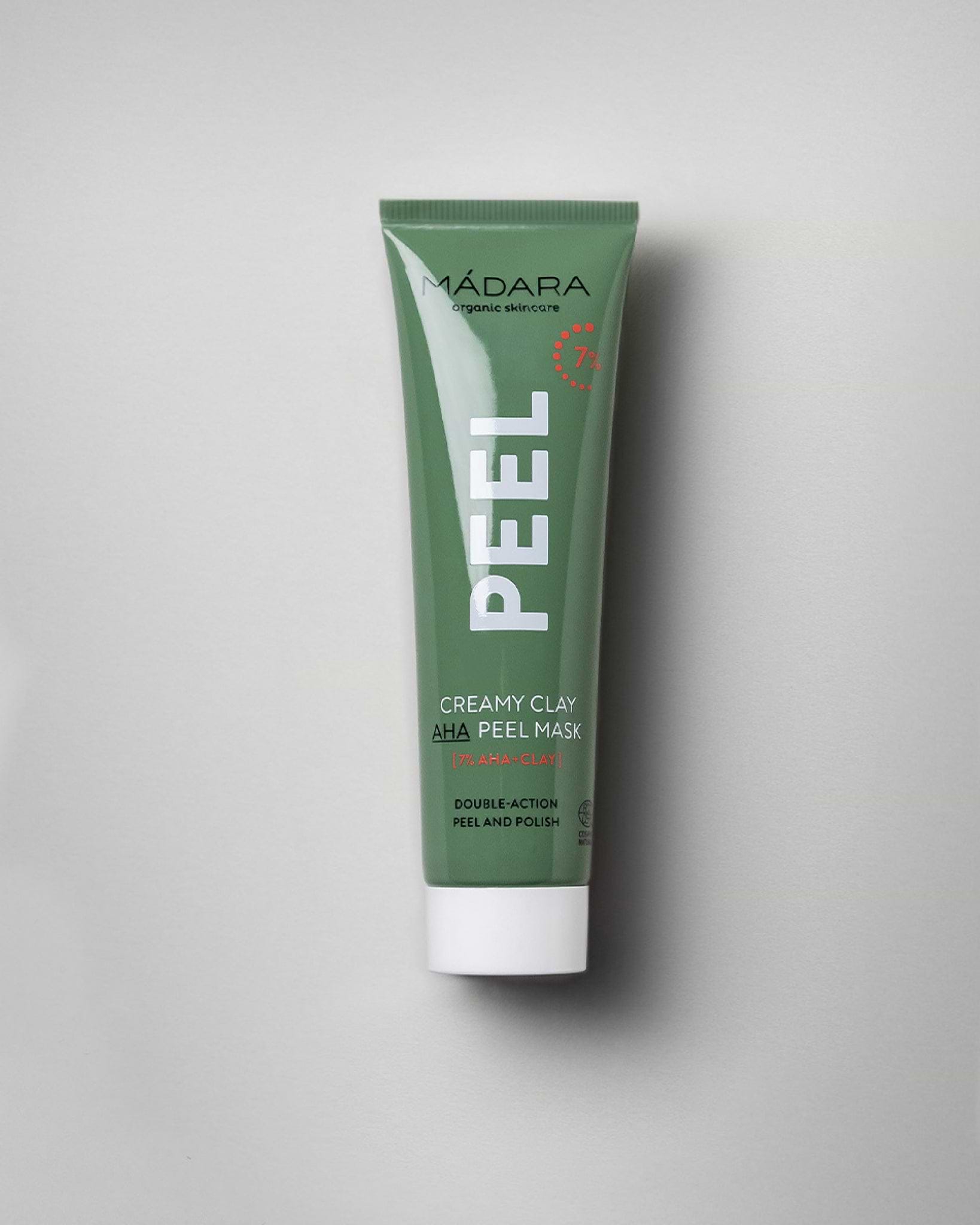 MÁDARA Organic Skincare creamy clay 7 aha peel mask A2105 face mask product photo on plain background.