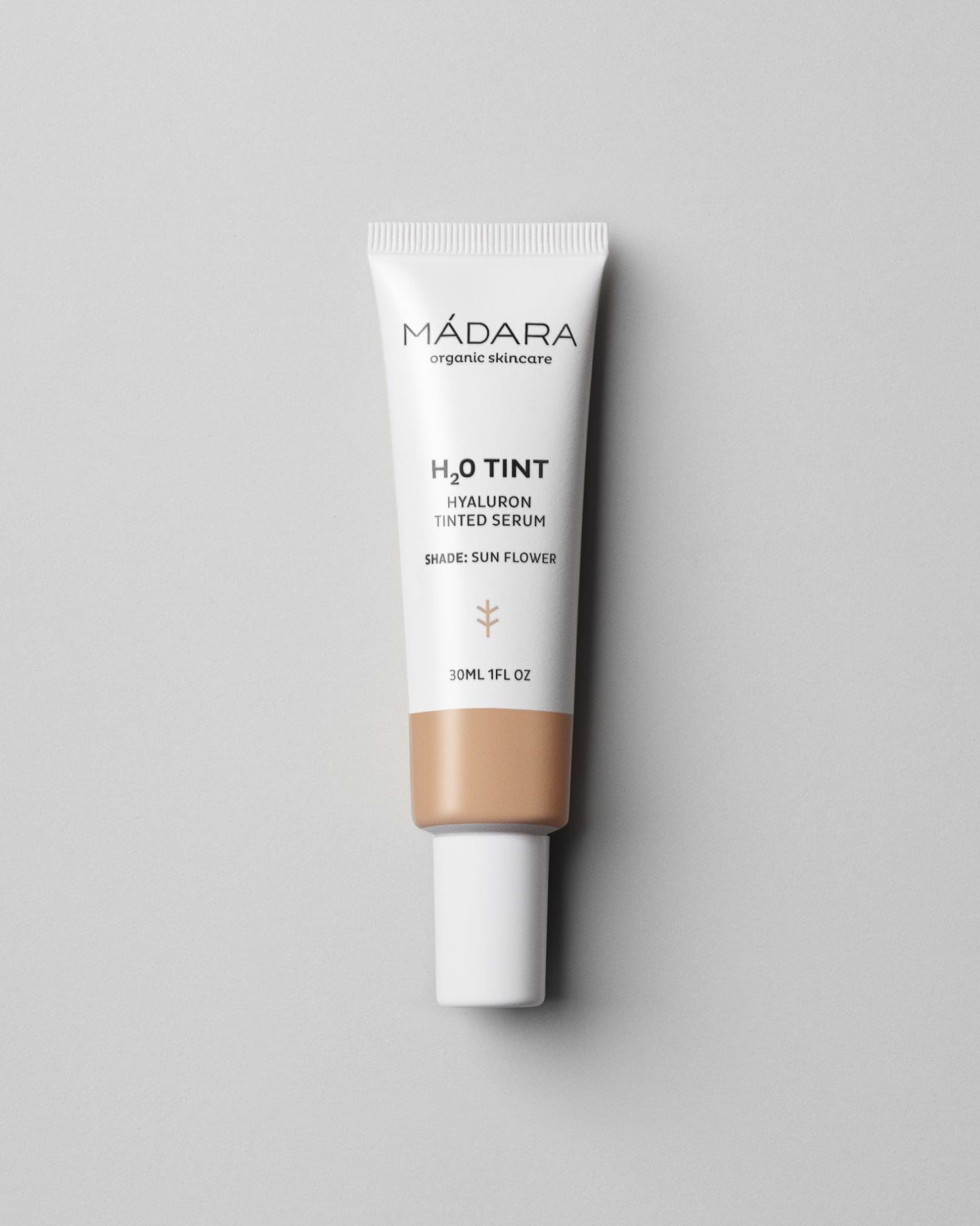 MÁDARA Organic Skincare hyaluron tinted serum sun flower A3513 serum product photo on plain background.
