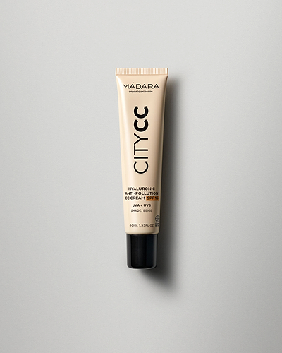 MÁDARA Organic Skincare hyaluronic anti pollution cc cream spf15 beige A3414 face cream product photo on plain background.