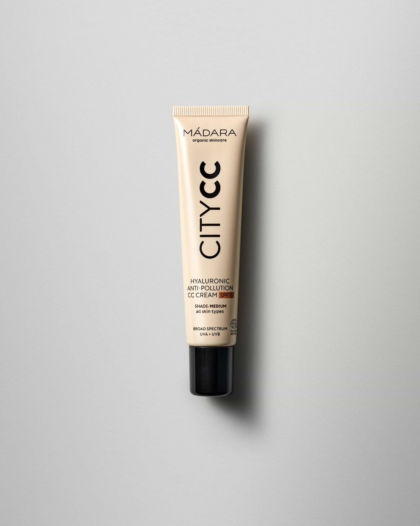 MÁDARA Organic Skincare hyaluronic anti pollution cc cream spf15 medium A3412 face cream product photo on plain background.