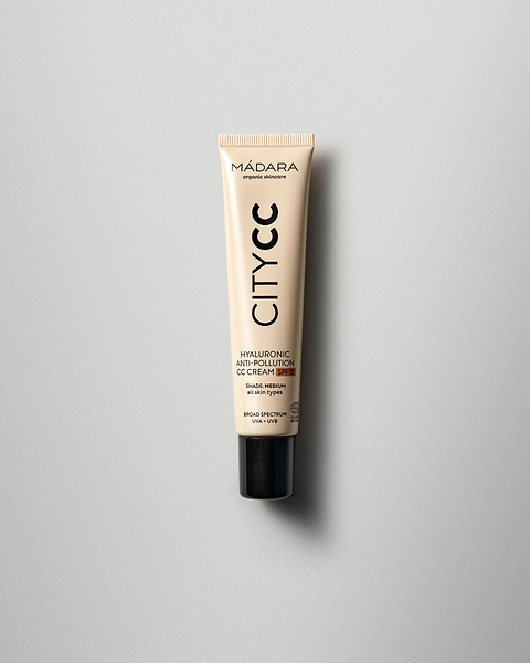 MÁDARA Organic Skincare hyaluronic anti pollution cc cream spf15 medium A3412 face cream product photo on plain background.