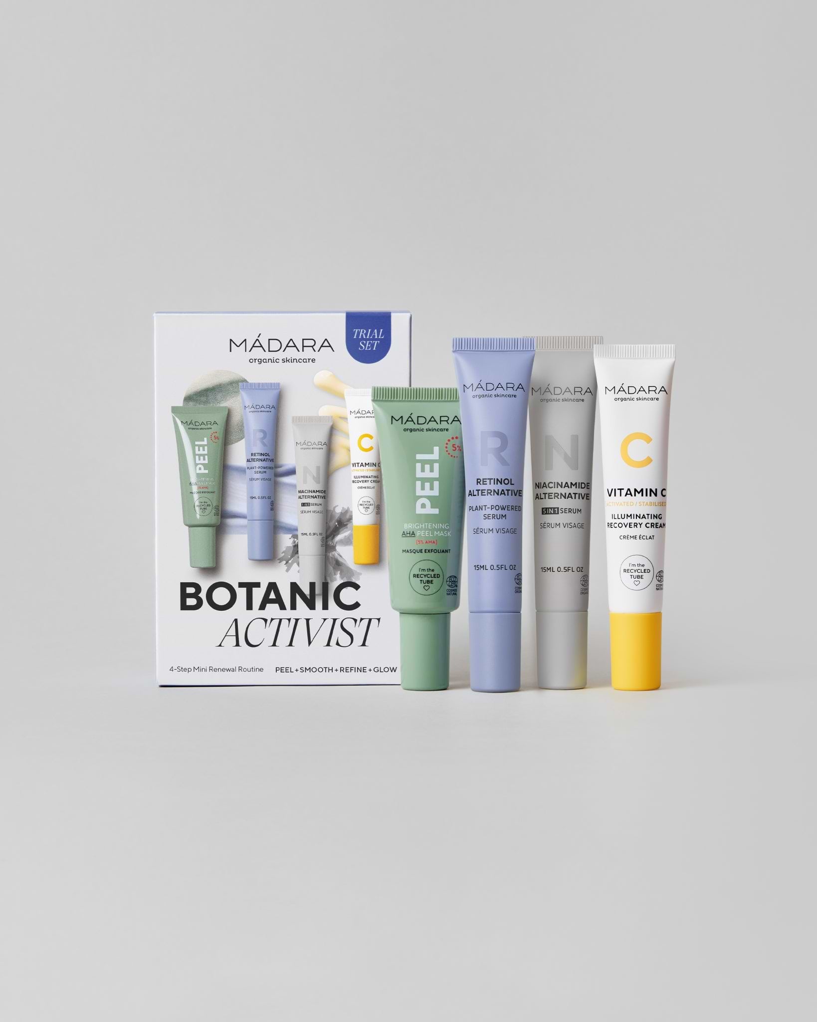 MÁDARA Organic Skincare botanic activist mini renewal routine A0035 product photo on plain background.