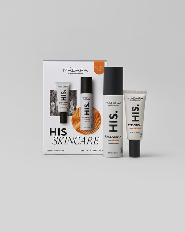 Model wearing MÁDARA Organic Skincare his skincare face routine A0035 on skin; close-up portrait shows natural application results.