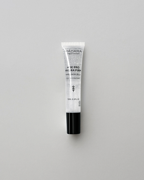 MÁDARA Organic Skincare hydra firm hyaluron jelly travel size SM3342 15 gel moisturizer product photo on plain background.