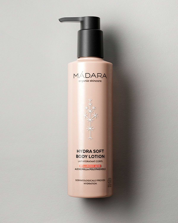 MÁDARA Organic Skincare hydra soft body lotion A1112 lotion product photo on plain background.
