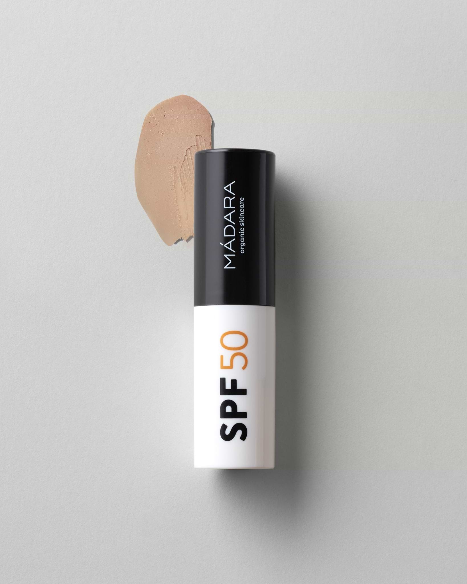 MÁDARA Organic Skincare mineral spf50 sunscreen stick A3433 mineral sunscreen product photo on plain background.
