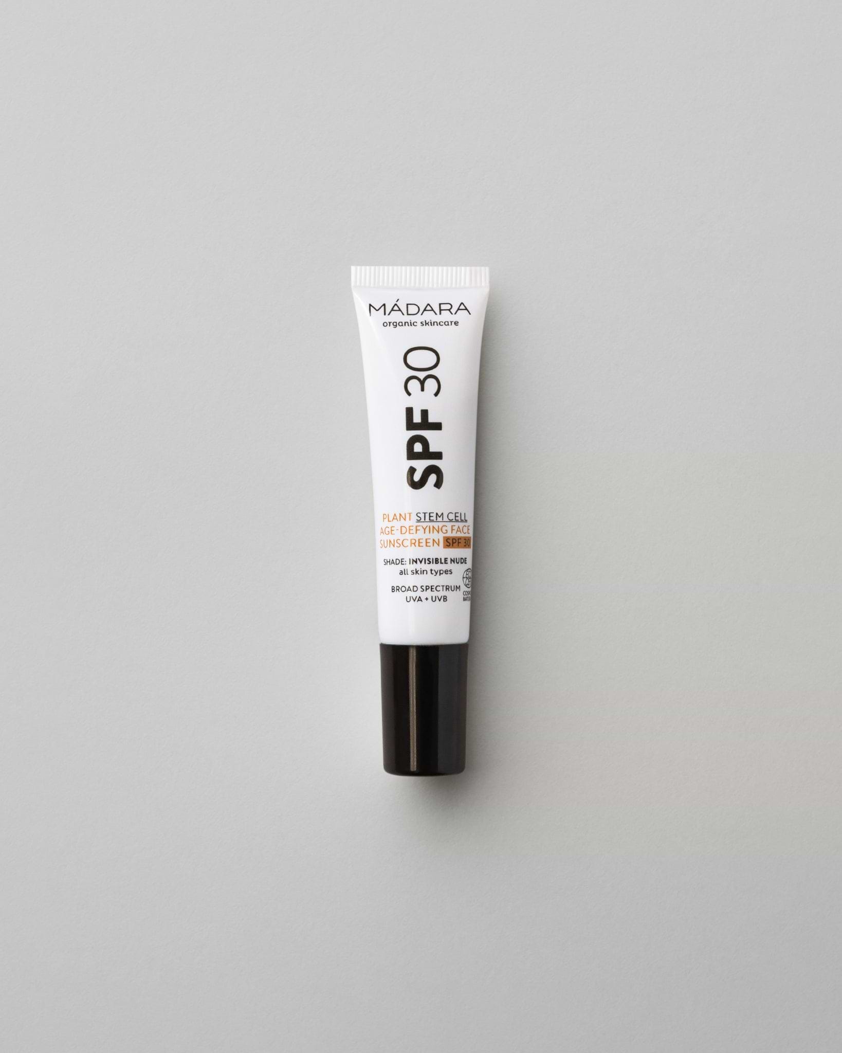 MÁDARA Organic Skincare plant stem cell age defying sunscreen spf30 travel size SM3415 10 mineral sunscreen product photo on plain background; clear packshot for onl�