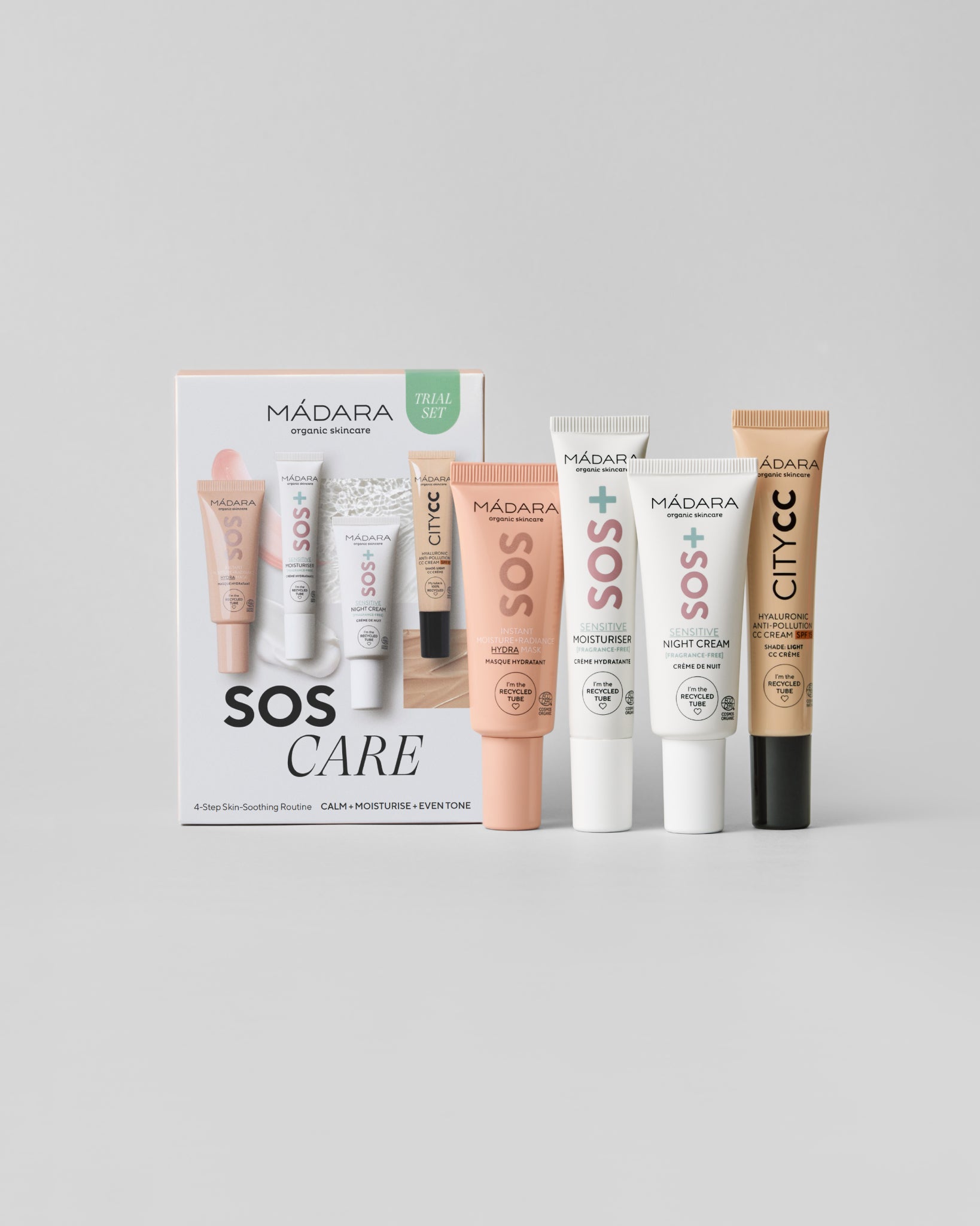 MÁDARA Organic Skincare sos care skin soothing routine light A0035 product photo on plain background.