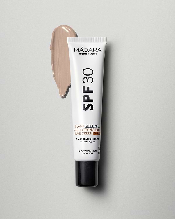 MÁDARA Organic Skincare plant stem cell age defying sunscreen spf30 A3415 mineral sunscreen product photo on plain background.