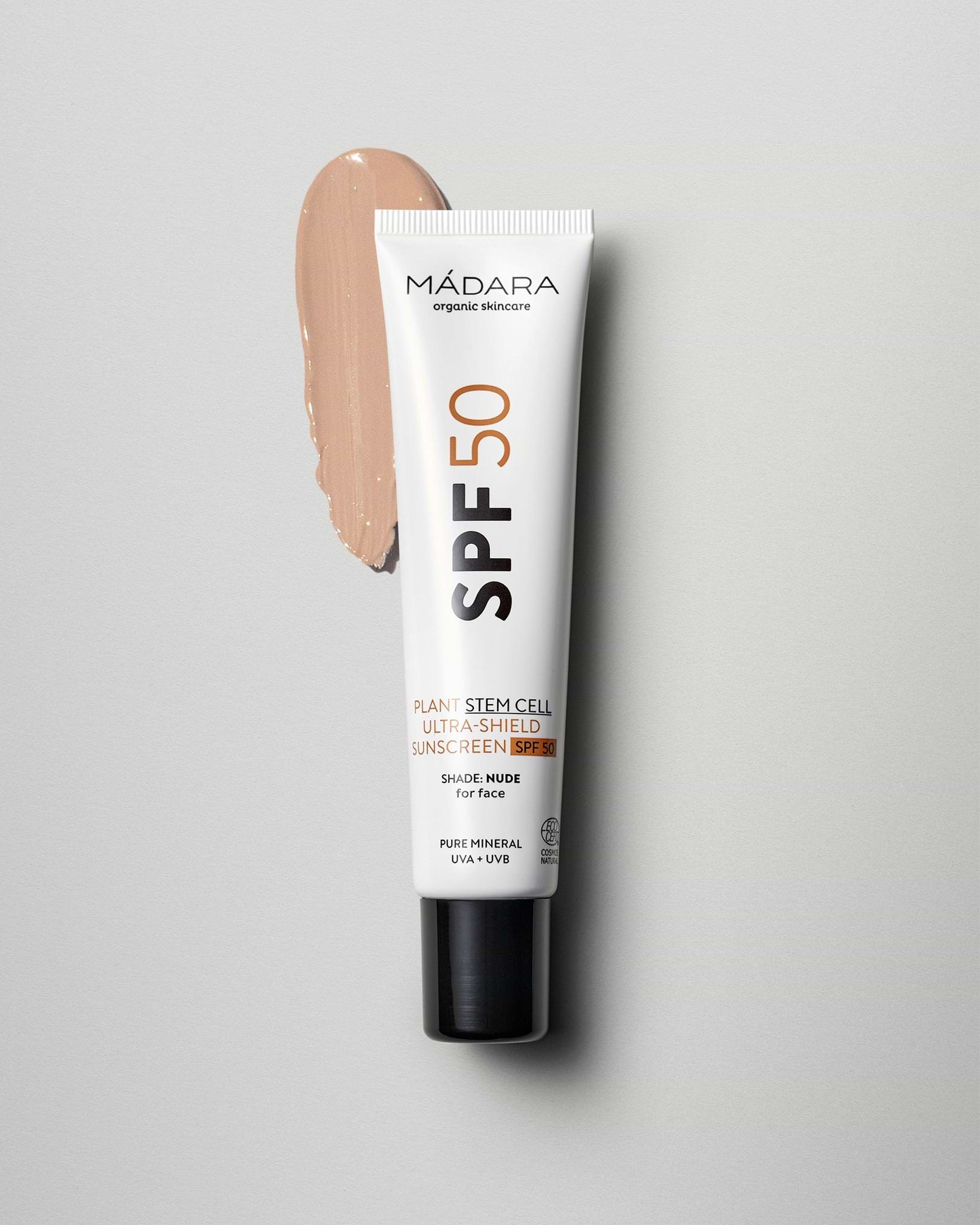 MÁDARA Organic Skincare plant stem cell ultra shield sunscreen A3416 mineral sunscreen product photo on plain background.