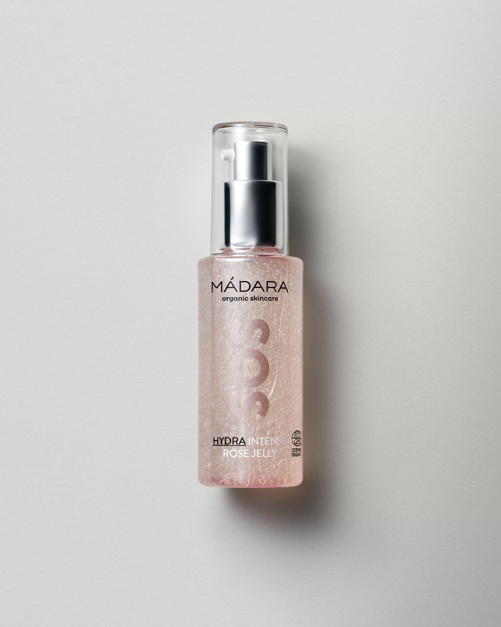 MÁDARA Organic Skincare sos hydra intense rose jelly A3022 gel moisturizer product photo on plain background.
