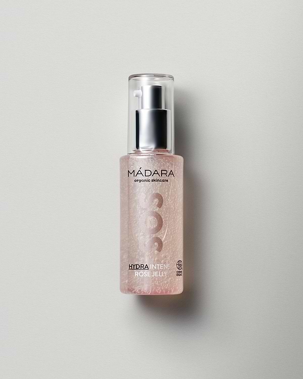 MÁDARA Organic Skincare sos hydra intense rose jelly A3022 gel moisturizer product photo on plain background.