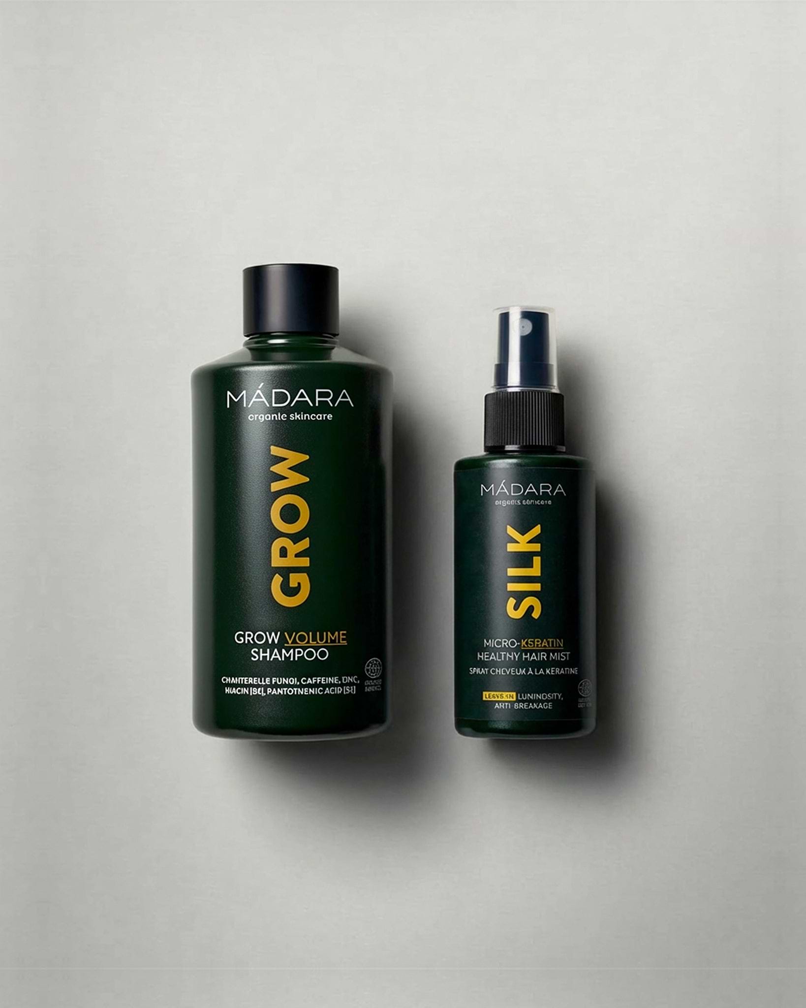 MADARA Cosmetics GROW Volume Shampoo and SILK Micro Keratin Healthy Hair Mist for stronger, fuller-looking hair and anti-breakage protection