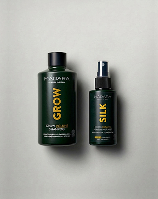 MADARA Cosmetics GROW Volume Shampoo and SILK Micro Keratin Healthy Hair Mist for stronger, fuller-looking hair and anti-breakage protection