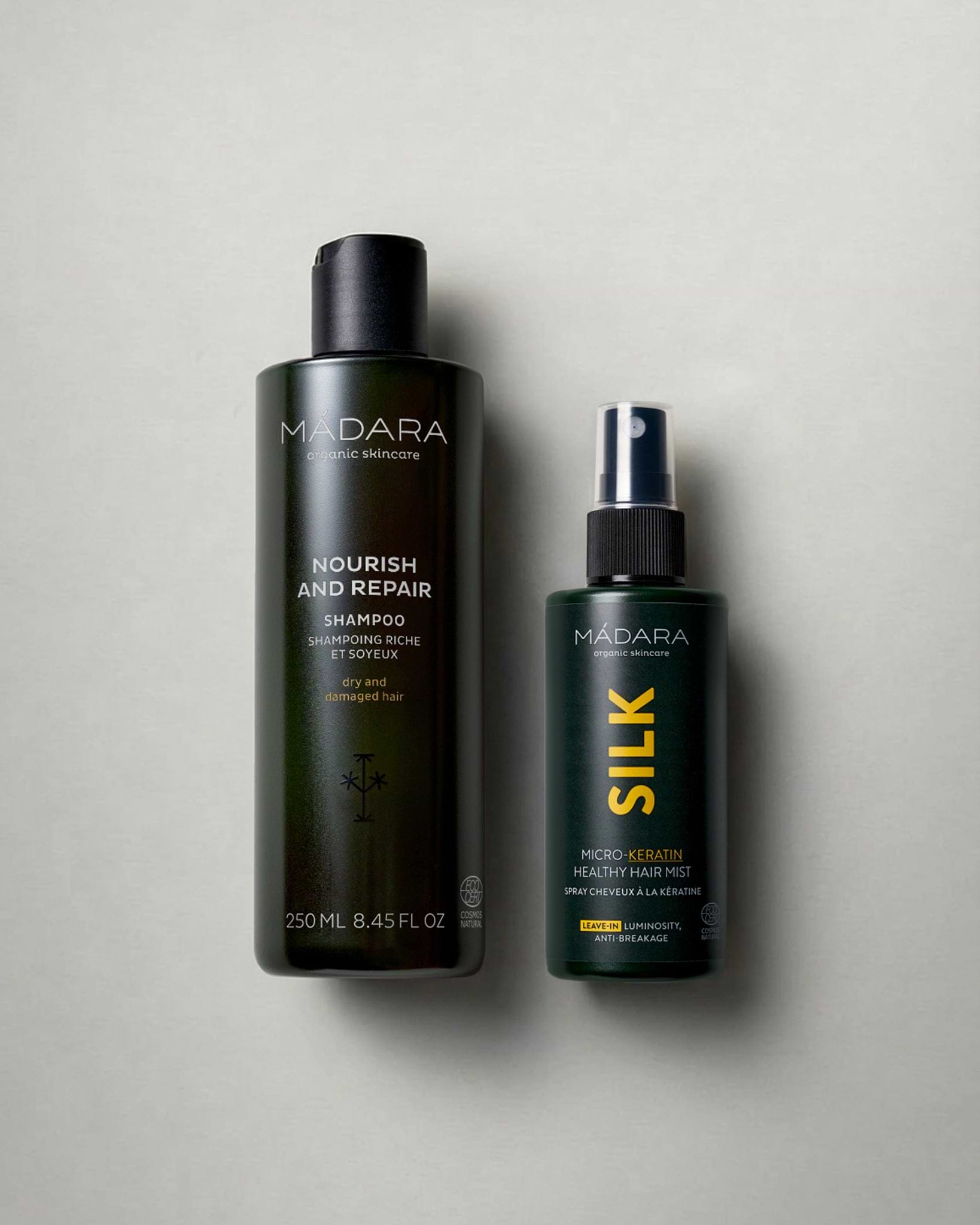 MADARA Cosmetics Nourish and Repair Shampoo and SILK Micro Keratin Healthy Hair Mist for dry, damaged hair repair and anti-breakage care