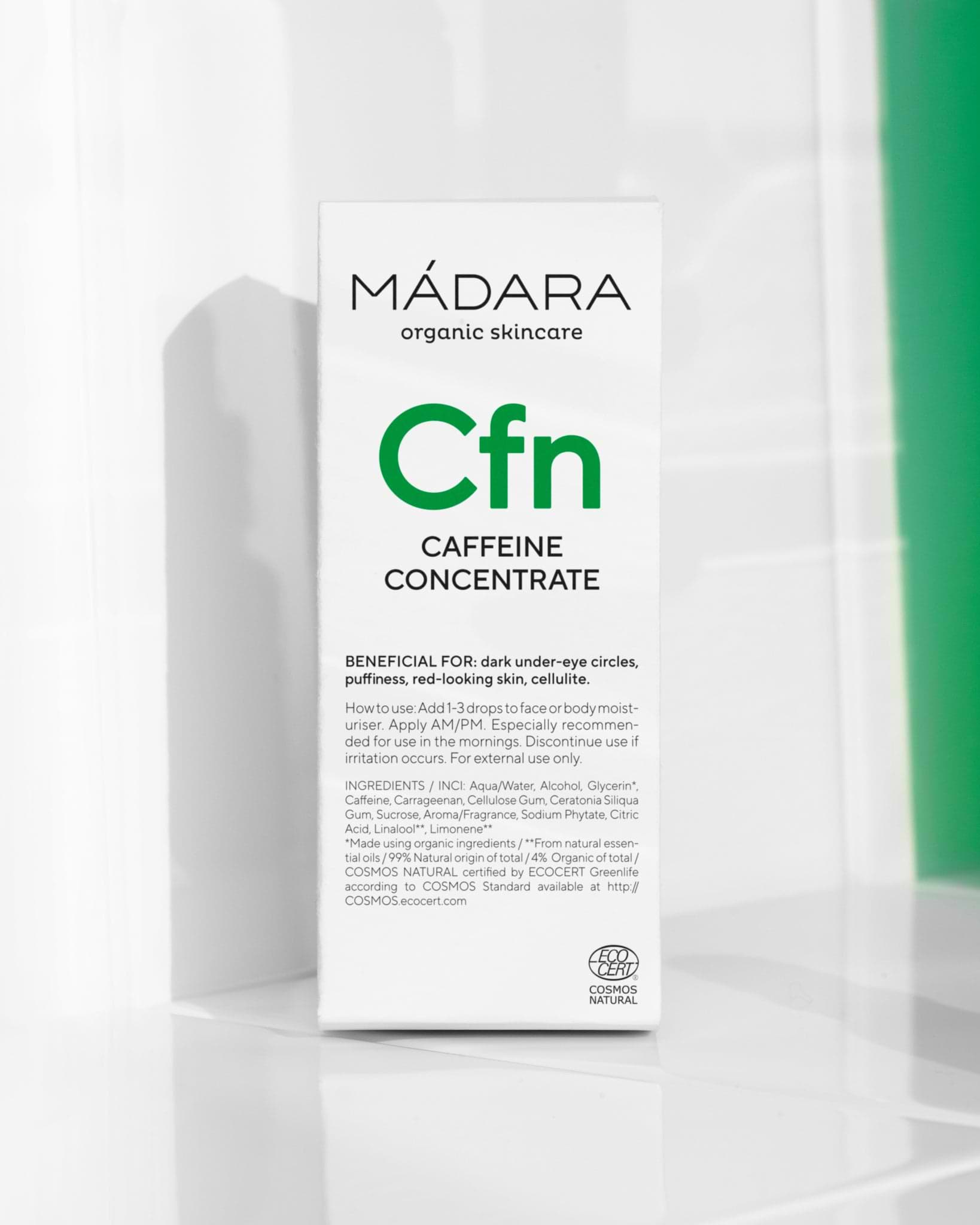 Texture close-up of MÁDARA Organic Skincare undereye caffeine drops A3255 �swatch demonstrates consistency and finish.