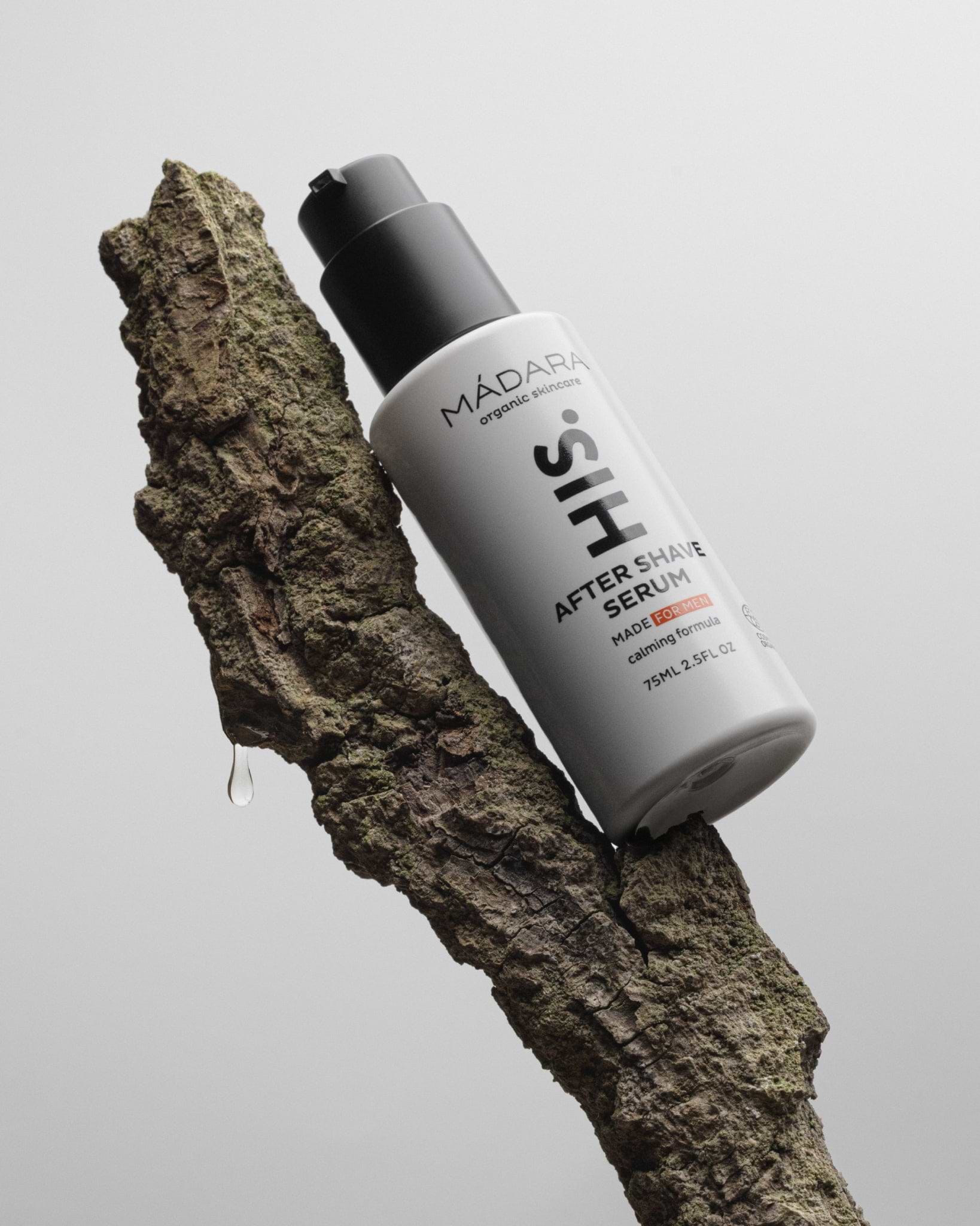 MÁDARA Organic Skincare calming after shave serum for men A5002 serum product photo on plain background.